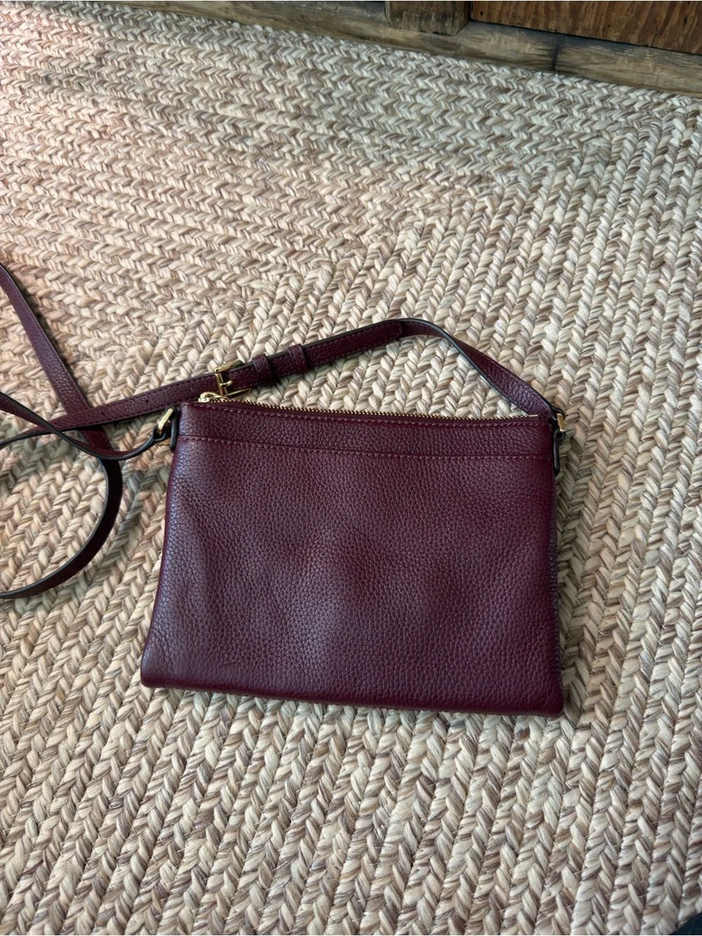 Michael Kors Maroon Pebbled Leather Crossbody with Gold MK Emblem